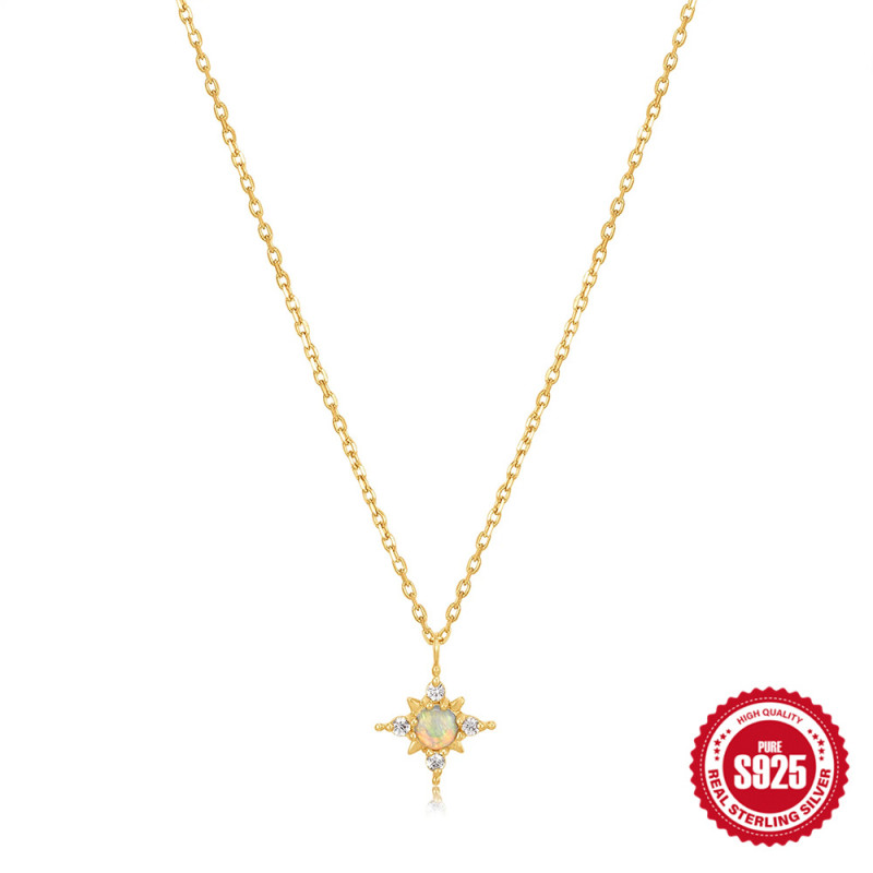 S925 Sterling Silver Octagonal Star Inlaid Diamond Opal Necklace European and American Fashion Simple Ins Style Collarbone Chain for Women