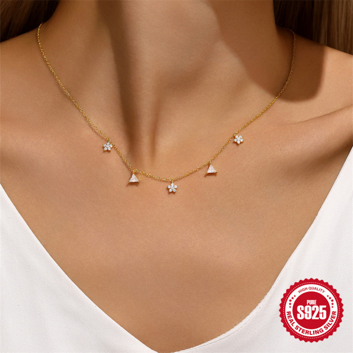 S925 Sterling Silver Triangle Geometric Flower Stone-Inlaid Layered Collarbone Necklace Hot Selling INS Niche Light...