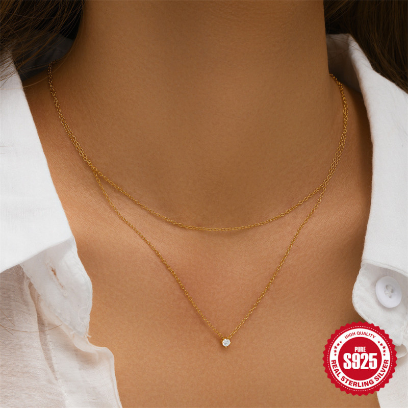 S925 Sterling Silver Single Diamond Double Layer Stacked Elegant Collarbone Chain European and American Hot Selling Niche Design Versatile Necklace