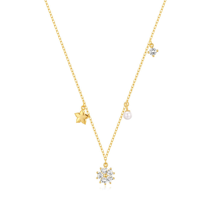 S925 Sterling Silver Classic Five-Pointed Star Pearl Zircon Diverse Necklace Jewelry European and American Hot Selling INS Petal Necklace