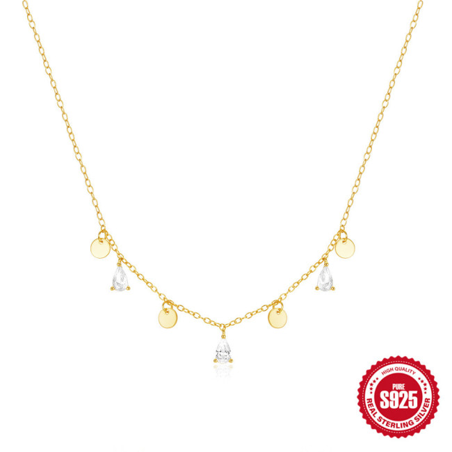 S925 Sterling Silver Layered Water Drop Inlaid Diamond Round Pendant Women's Collarbone Chain European and American Cross-Border Hot Selling INS Minimalist Style Necklace