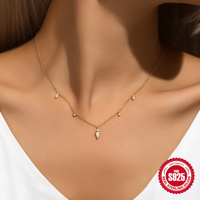 925 Sterling Silver INS Style Horse Eye Stone-Inlaid Geometric Tassel Necklace French Style Super Shiny Elegant Ver...