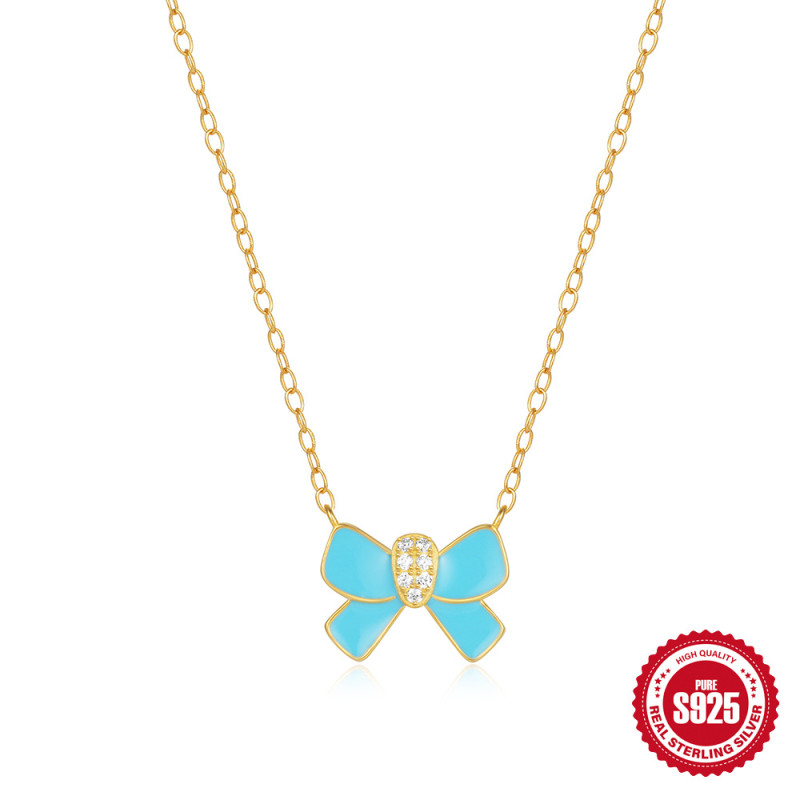 New 925 Sterling Silver Butterfly Inlaid Diamond Oil Drop Imitation Enamel Creative Collarbone Chain European and American Hot-Selling French Style Necklace