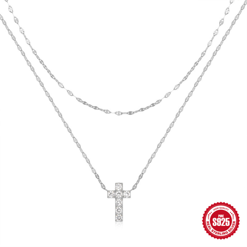 S925 Sterling Silver Double Layer Stacked Diamond Cross Necklace European and American Fashion Ins Style Street Style Trendy Collarbone Chain for Women