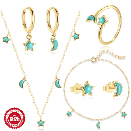S925 Sterling Silver Star Moon Turquoise Necklace Bracelet Ring Earrings Set European and American Hot Selling Jewelry Set
