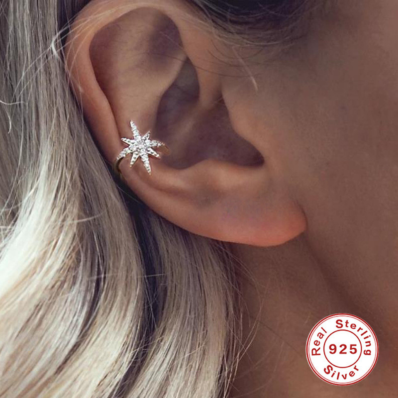 S925 Sterling Silver Single Star Ear Clip Korean Style Fresh Small Diamond-Encrusted Radiant Sweet Non-Pierced Elegant Earrings