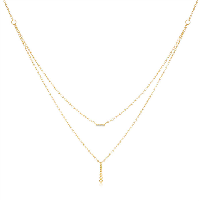 S925 Sterling Silver Geometric Long Bar Inlaid Diamond Round Small Ball Double Layer Necklace European and American Hot Selling Layered Simple Collarbone Chain