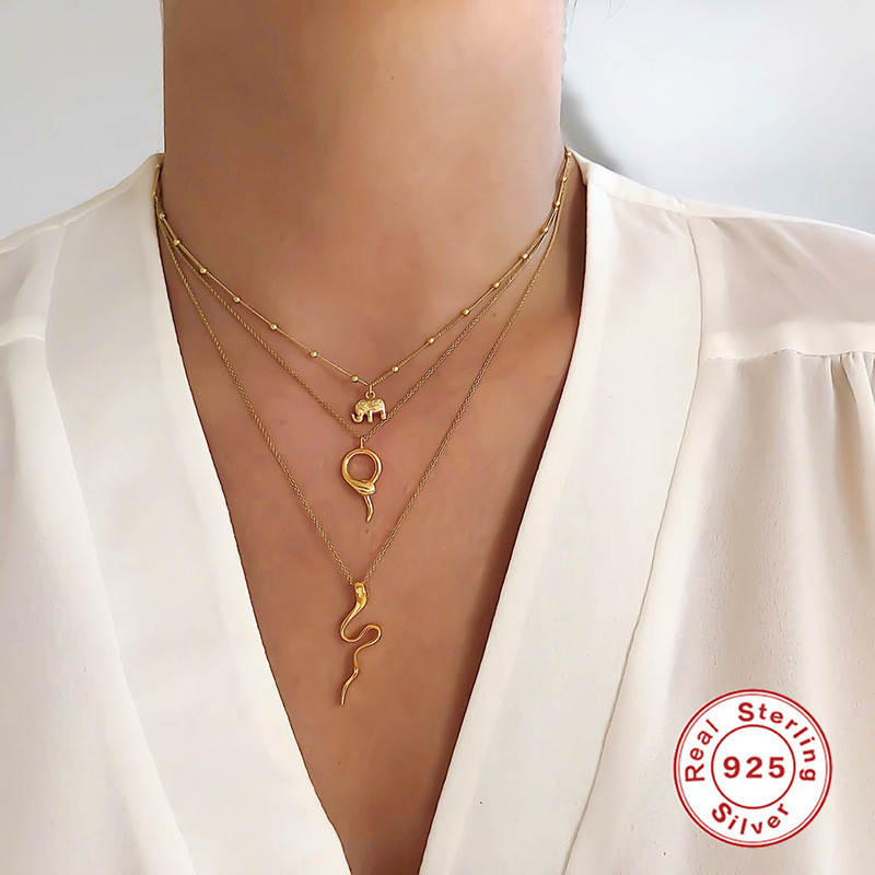 S925 Sterling Silver INS Elephant Pendant Elegant Versatile Collarbone Necklace Round Bead Chain Korean Style Unique Niche Collarbone Chain