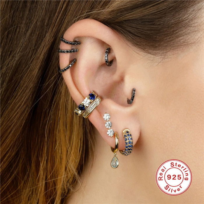 New S925 Sterling Silver Round Black Fully Stone-Set Ear Cuff Hoop European American Personality Trendy Cool Girl Earrin...