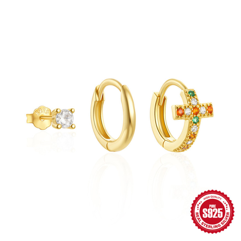 925 Sterling Silver INS Color Diamond Cross Combination Small Earrings Hoop Set European American French Style Elegant Personality Earrings