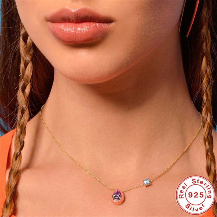 S925 Sterling Silver Checkerboard Water Drop Imitation Enamel Oil Drop Inlaid Diamond Collarbone Necklace European and American INS Creative Style Collarbone Chain