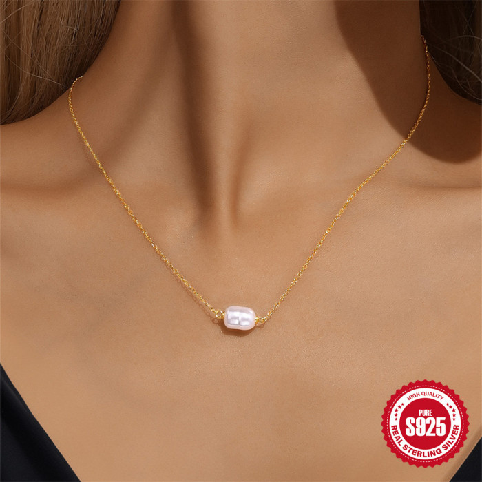 S925 Sterling Silver Vintage Irregular Pearl Simple Versatile Collarbone Chain European and American French Style Elegant Personality Necklace for Women