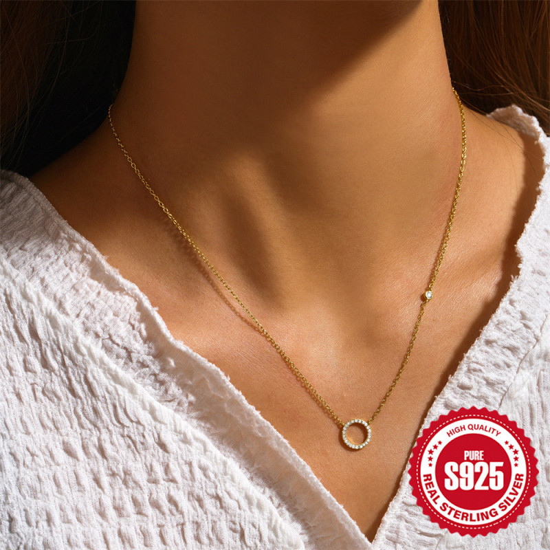 S925 Sterling Silver Inlaid Diamond Geometric Circle Women's Collarbone Chain Korean and Japanese Style Internet Celebrity Same Style Elegant Personality Design Necklace