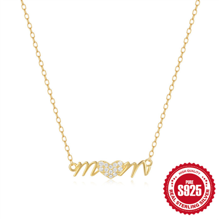 S925 Sterling Silver Heart-shaped English Letter MaMa Pendant Clavicle Chain European and American Hot-selling Diamond-encrusted Temperament Necklace Mother's Day