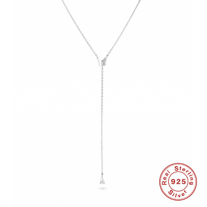 S925 Sterling Silver Round Pendant Smooth Surface Butterfly Chain Stone-Set Collarbone Necklace Korean Version Niche High-end Collarbone Chain