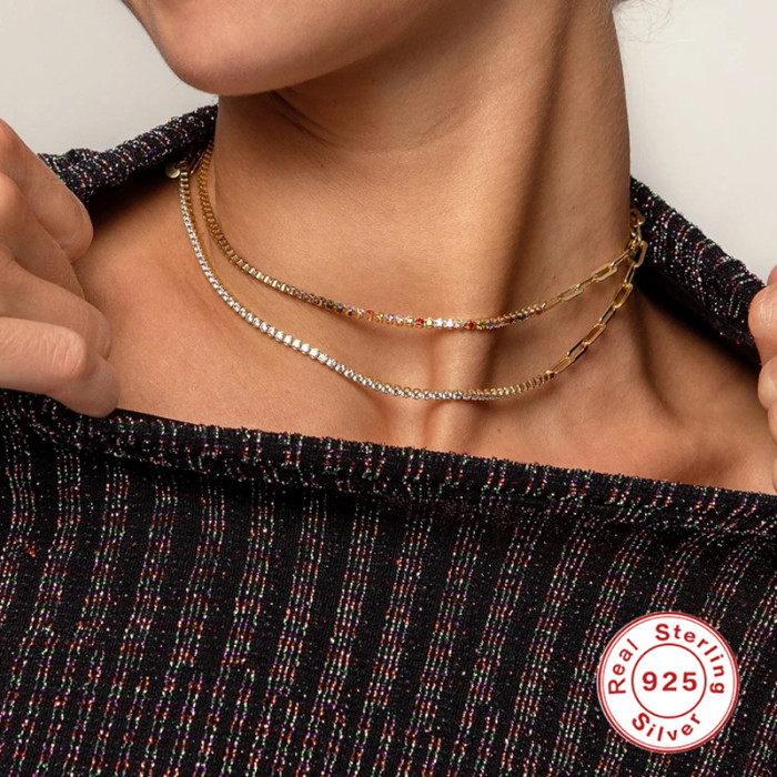 S925 Sterling Silver INS Style 2.0 Mesh Diamond Splicing Paperclip Chain Necklace European and American Fashion Creative Women's Collarbone Necklace