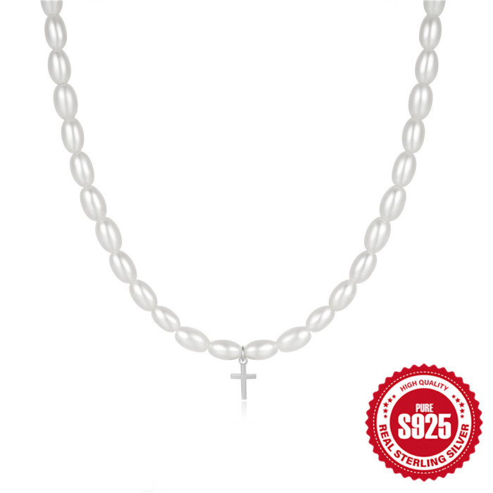 New 925 Sterling Silver Small Pearl Choker with Diamond Inlay Collarbone Chain European and American Hot-Selling French Cross Necklace