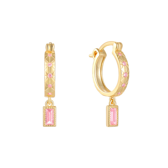 S925 Sterling Silver Colorful Zircon Earrings for Women European and American Fashion Cross-Border Ins Style Square Earrings Hoop Earrings Jewelry