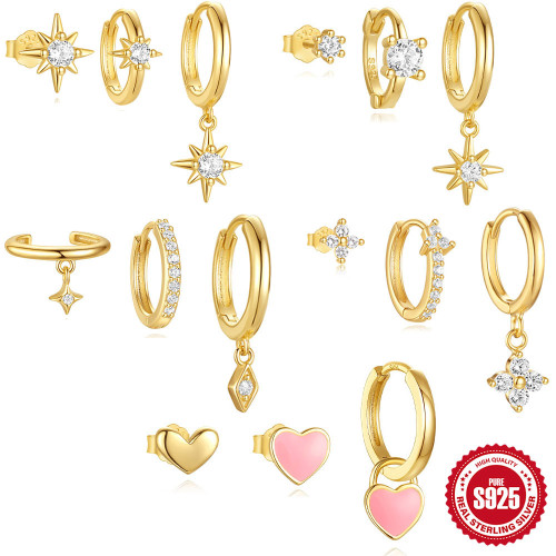S925 Sterling Silver Rhombus Inlaid Diamond Trendy Hoop Earrings Set Amazon Hot Sale Enamel Elegant Eight-Pointed Star Earrings