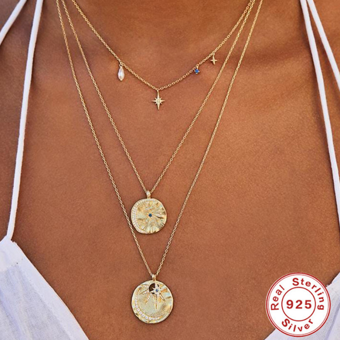 S925 Sterling Silver Octagonal Star Inlaid Diamond Irregular Pearl Collarbone Necklace Fashion Ins Style Layered Fren...