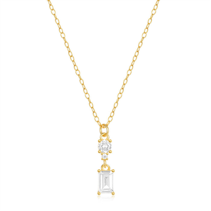 S925 Sterling Silver Super Flash Square Diamond Zircon Collarbone Necklace European and American French Style Simple Geometric Square Daily Wear Necklace