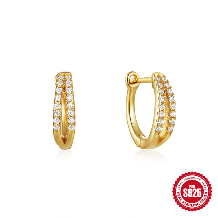 New 925 Sterling Silver Geometric Large and Small Stone-Studded Hoop Earrings, Classic Style, Hot-Selling INS Minim...