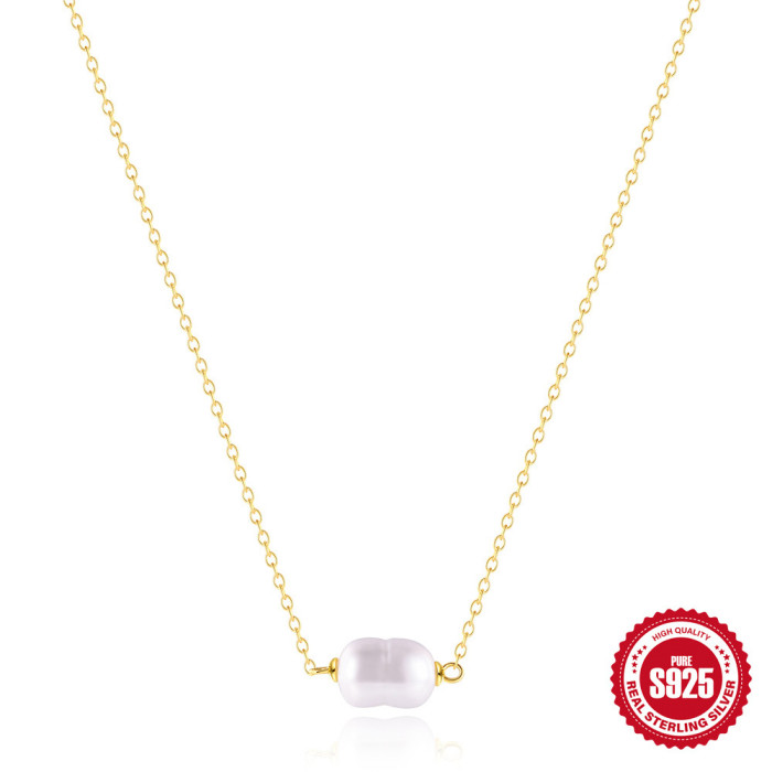 S925 Sterling Silver Vintage Irregular Pearl Simple Versatile Collarbone Chain European and American French Style Elegant Personality Necklace for Women