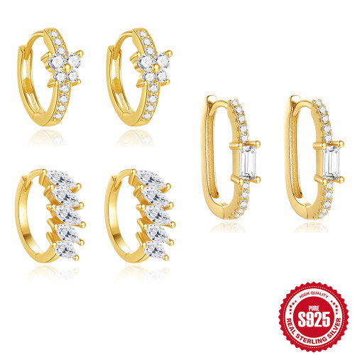 S925 Sterling Silver Geometric Rectangle Zircon Earrings Niche Versatile U-Shaped Hoop Fashion Inlaid High-End Earrings