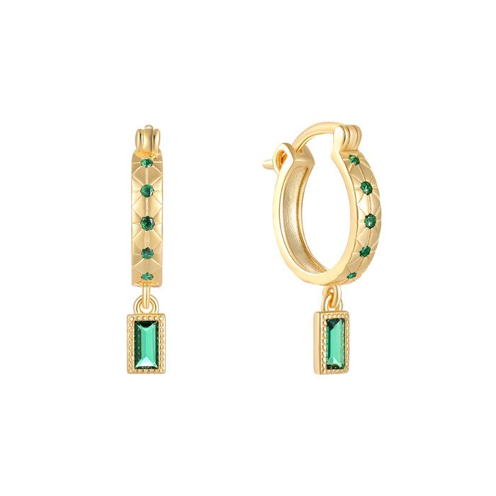 S925 Sterling Silver Colorful Zircon Earrings for Women European and American Fashion Cross-Border Ins Style Square Earrings Hoop Earrings Jewelry