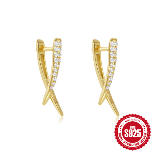 S925 Sterling Silver Geometric Line Diamond-Studded Cross X-Shaped Earrings Korean and Japanese Fashion Elegant Women's Hoop Earrings Versatile Ear Jewelry