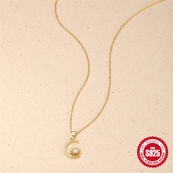 S925 Sterling Silver Star Moon Inlaid Diamond High-end Clavicle Chain European and American Cross-border Hot-selling Classic Minimalist Necklace for Women
