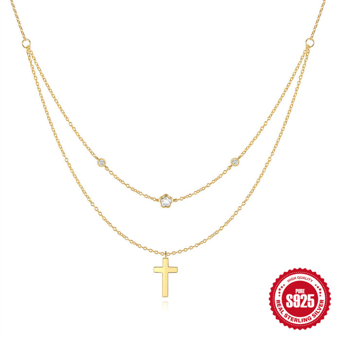 S925 Sterling Silver Exquisite Plum Blossom Smooth Cross Double Layer Stacked Collarbone Necklace Amazon Hot Selling Diamond-Encrusted Necklace