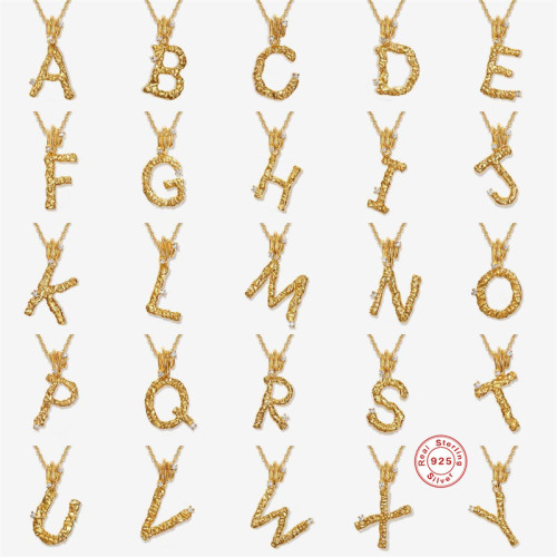 S925 Sterling Silver Irregular Texture 26 Letter Inlaid Diamond Initial Collarbone Necklace European and American Cross-Border French Retro Necklace