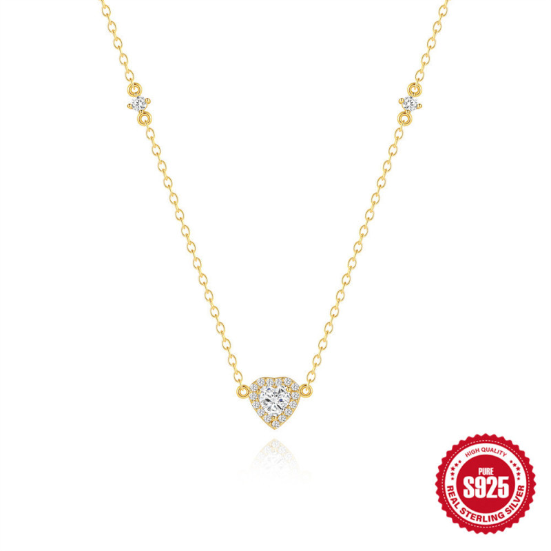 S925 Sterling Silver Classic Heart Full Diamond Fashion Versatile Necklace Korean Version Niche Design Sense Light Luxury High-end Collarbone Chain