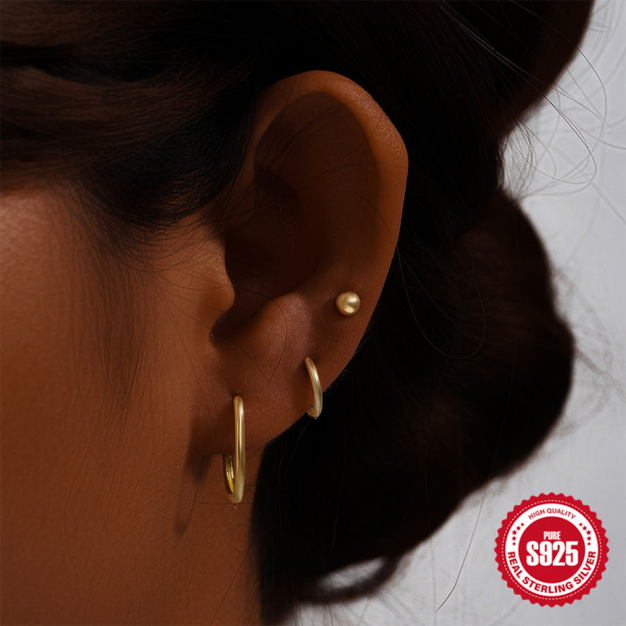S925 Sterling Silver INS Minimalist Hoop Earrings Stud Earrings 3-Piece Set Hot-Selling Elegant Simple Versatile Earr...