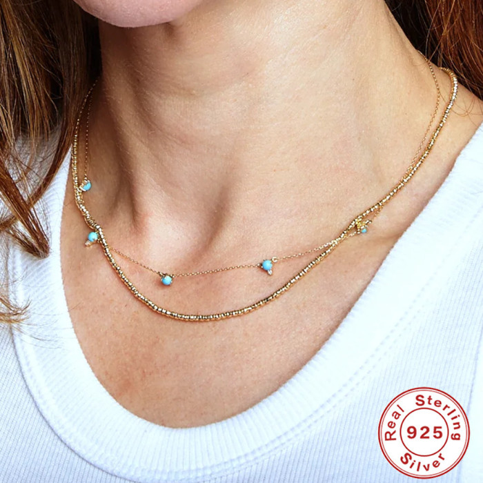 S925 Sterling Silver Simple Inlaid 5 Claw Green Turquoise Necklace Hot-Selling High-End Collarbone Necklace