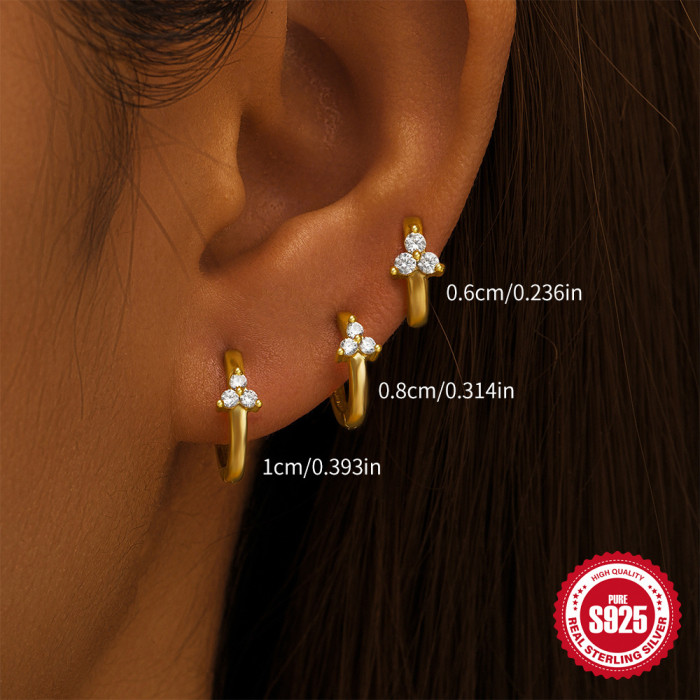 S925 Sterling Silver INS Style Classic Petal Triple Stone-Inlaid Multi-size Hoop Earrings Set Hot-selling Earrings,...