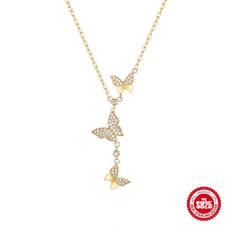 S925 Sterling Silver Matching Large and Small Butterfly Clavicle Chain for Women, European and American Fashion Ins Style Full Diamond Light Luxury Zircon Necklace