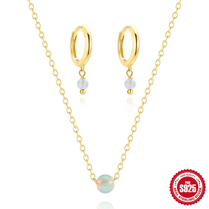 S925 Sterling Silver Minimalist Pierced Sphere Opal Daily Wear Earrings Necklace Set Korean Version Niche Light Luxury Jewelry