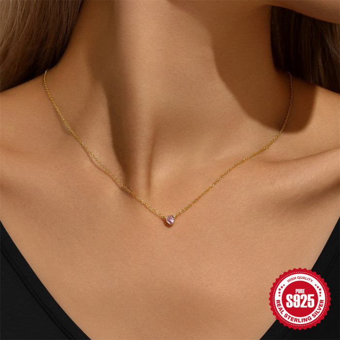 S925 Sterling Silver Light Luxury Heart Pink Diamond Sparkling Collarbone Chain Japanese and Korean Niche Design INS Minimalist Versatile Necklace