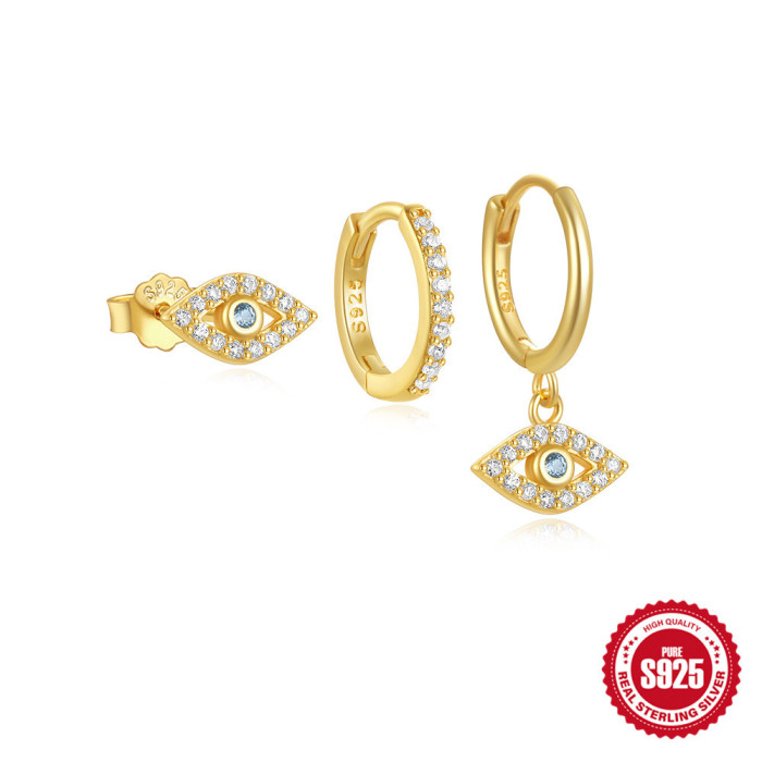 S925 Sterling Silver Devil's Eye Eight-Pointed Star Moon Inlaid Diamond Hoop Earrings Set Classic Pearl Earrings, Jew...