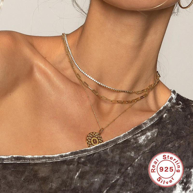 S925 Sterling Silver INS Style 2.0 Mesh Diamond Splicing Paperclip Chain Necklace European and American Fashion Creative Women's Collarbone Necklace