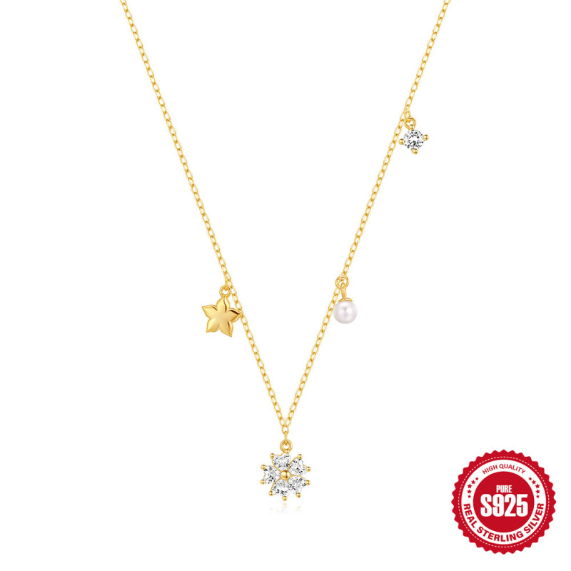 S925 Sterling Silver Classic Five-Pointed Star Pearl Zircon Diverse Necklace Jewelry European and American Hot Selling INS Petal Necklace