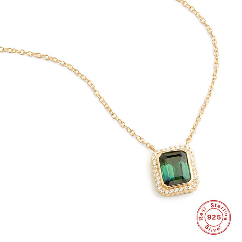 S925 Sterling Silver Rectangular Green Diamond Pendant Collarbone Chain European and American French Style Creative Versatile Layered Necklace Accessory