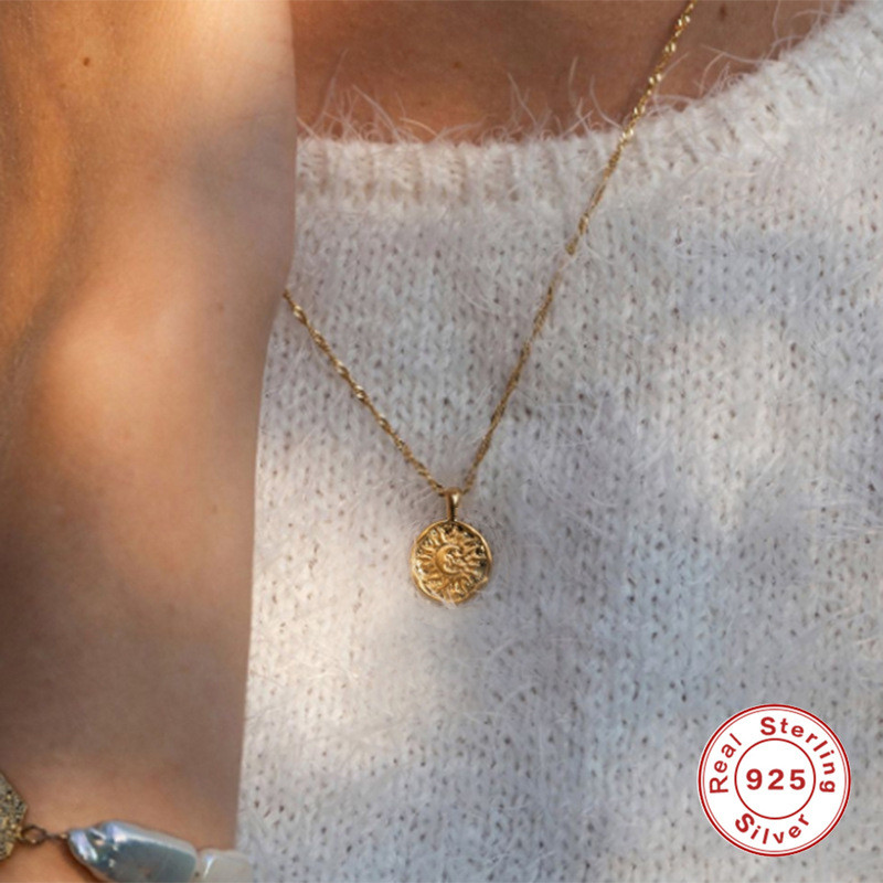 S925 Sterling Silver Sun and Moon Round Pendant Collarbone Necklace European and American Hot Selling Creative INS K Gold Plated Collarbone Chain Necklace for Women