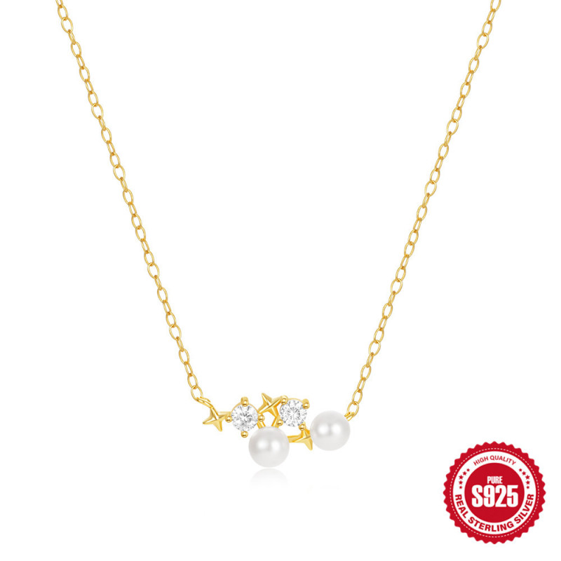 S925 Sterling Silver Pearl Zircon Layered Design Pendant Necklace for Women, European and American Hot-Selling Creative Four-Pointed Star Clavicle Chain