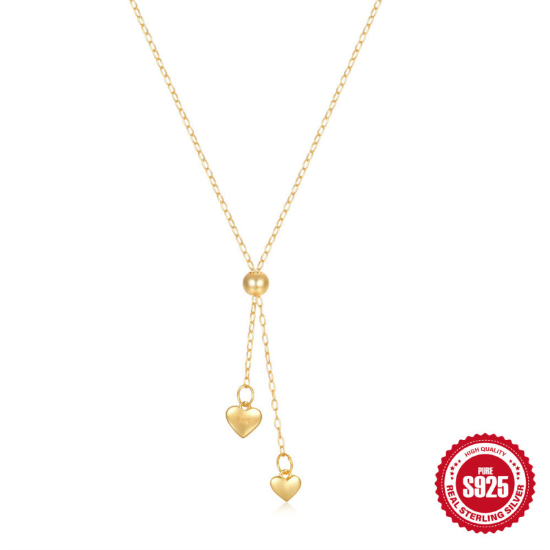 S925 Sterling Silver Tassel Long Adjustable Heart Collarbone Necklace European and American Hot-Selling Elegant Round Bead Heart Necklace for Women