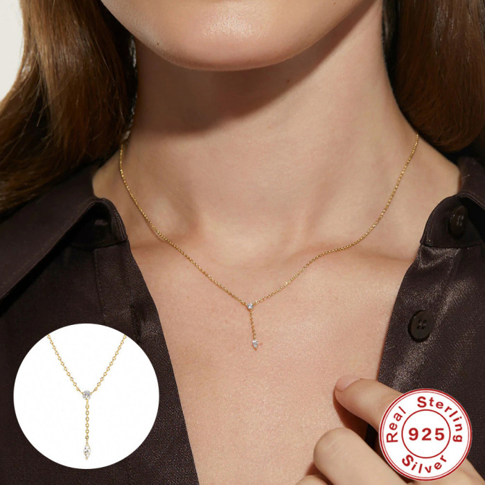 S925 Sterling Silver Classic Y-Shaped Inlaid Zircon Tassel Pendant Necklace for Women European and American Fashion Simple Ins Style Clavicle Chain