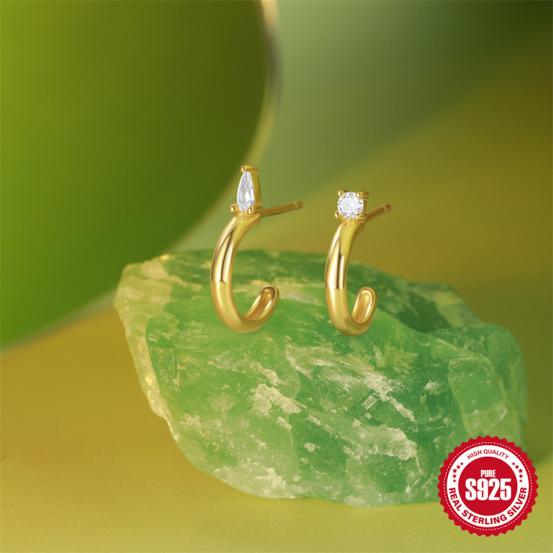 S925 Sterling Silver Asymmetric Diamond-Studded C-Shaped Hoop Earrings European and American Cross-Border Hot-Selling Light Luxury Creative Earrings