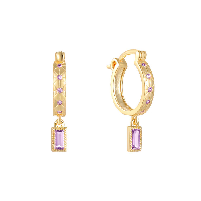 S925 Sterling Silver Colorful Zircon Earrings for Women European and American Fashion Cross-Border Ins Style Square Earrings Hoop Earrings Jewelry